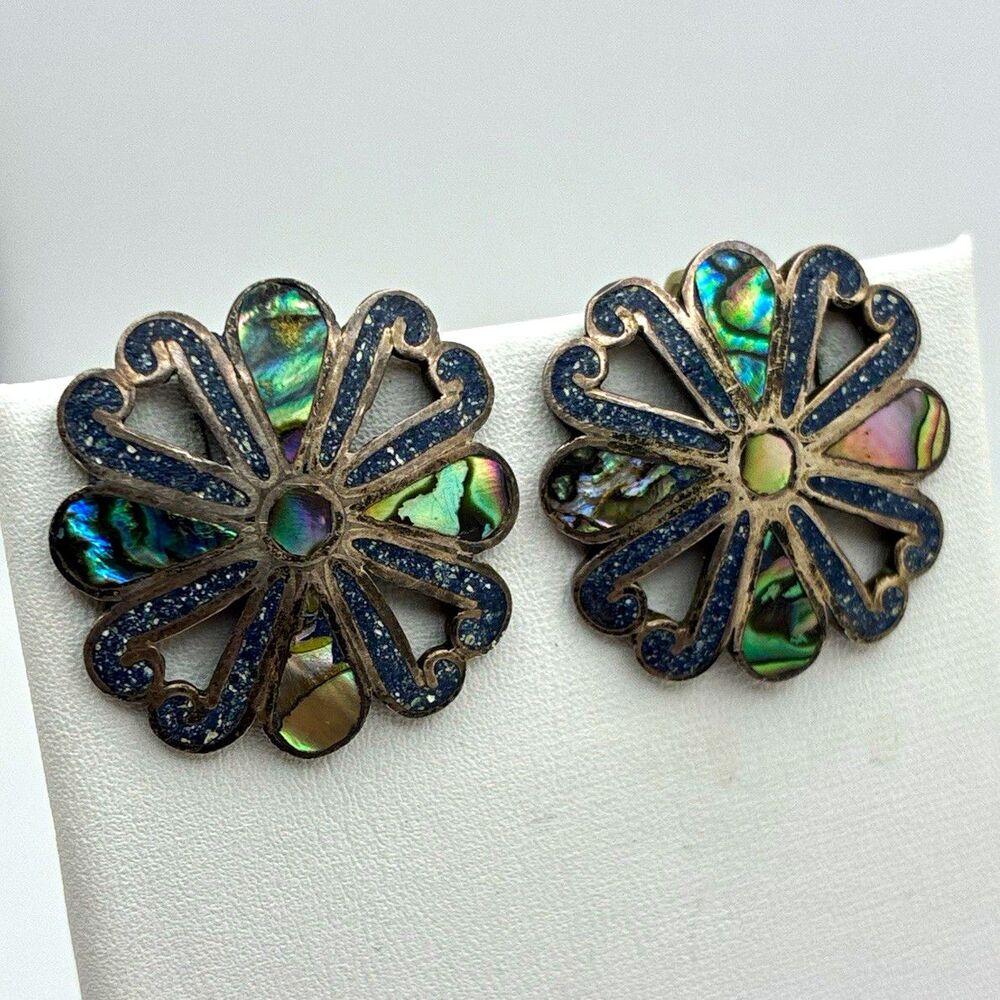 VTG Mexico 925 Sterling Silver Abalone Inlay Flower Screw Back Earrings TESTED